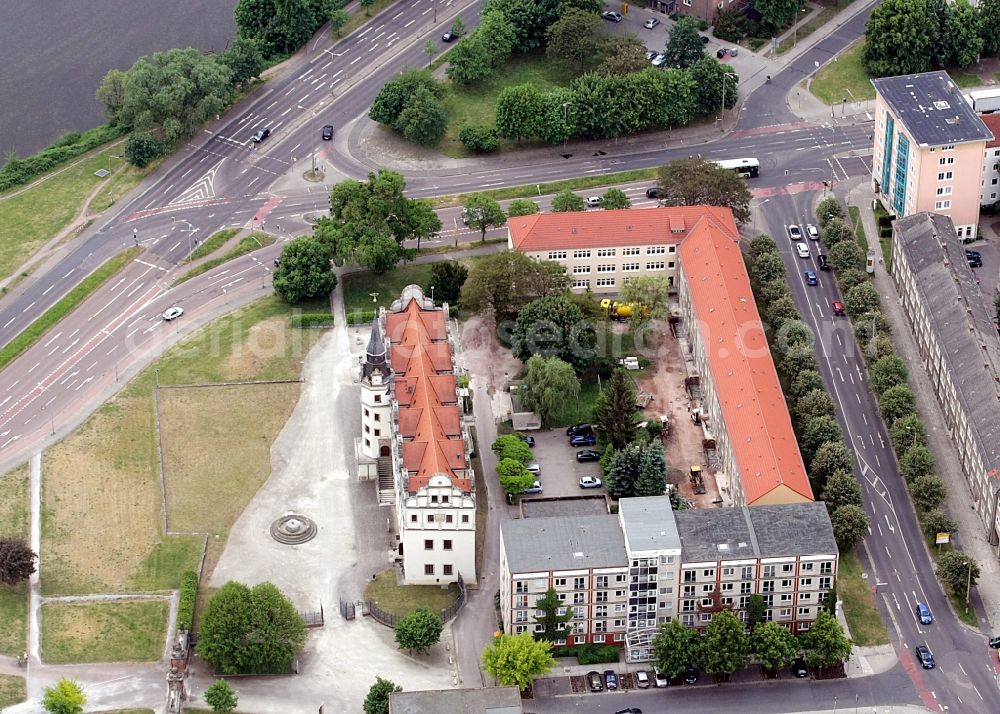 Aerial image Dessau-Roßlau - Palace Museum fuer Stadtgeschichte on Schlossplatz in Dessau-Rosslau in the state Saxony-Anhalt, Germany. Castle