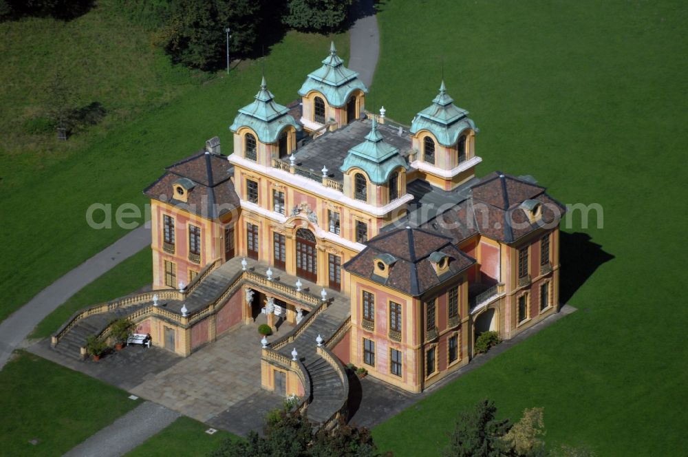 Ludwigsburg from the bird's eye view: Palace Schloss Favorite im Favoritepark in Ludwigsburg in the state Baden-Wuerttemberg