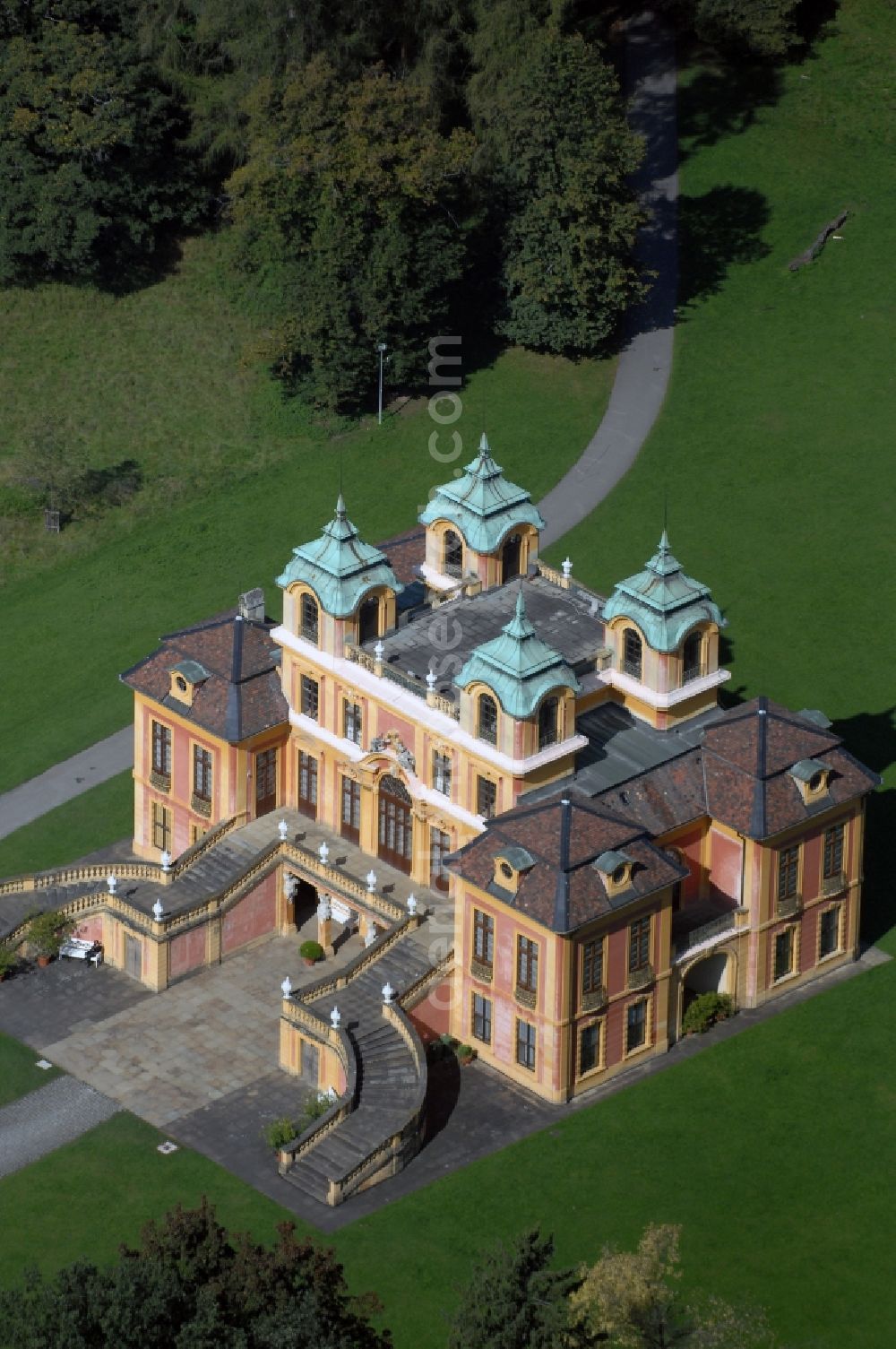 Aerial image Ludwigsburg - Palace Schloss Favorite im Favoritepark in Ludwigsburg in the state Baden-Wuerttemberg