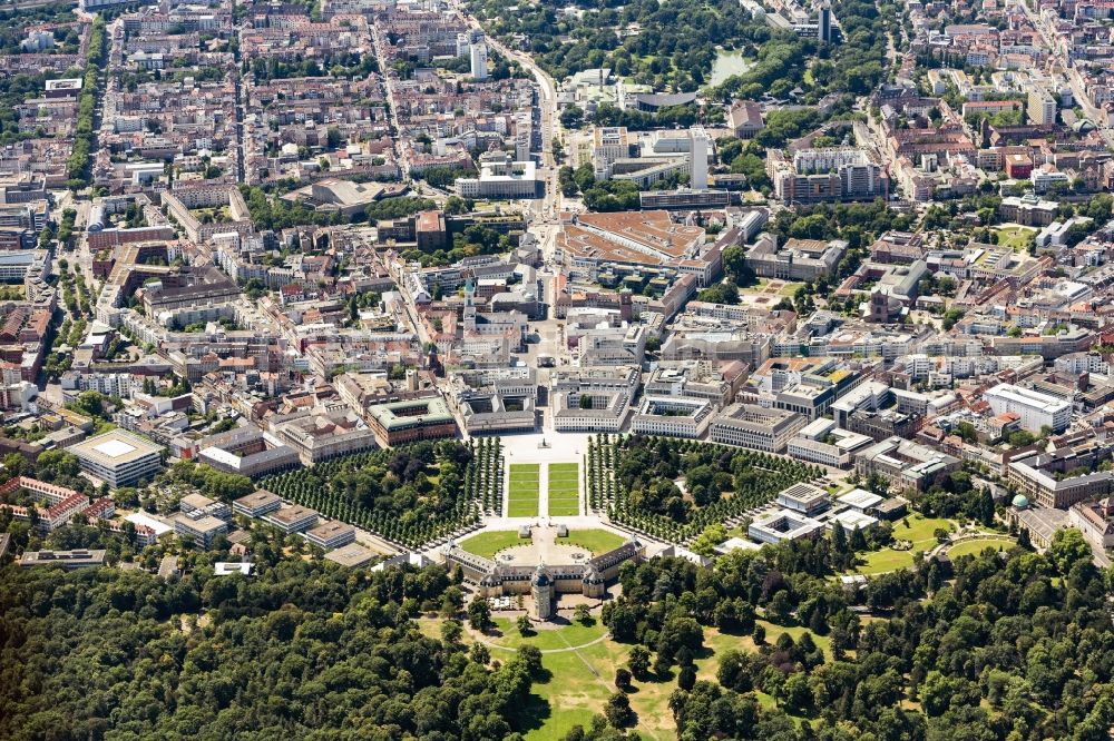 Aerial image Karlsruhe - Palace Karlsruhe with Schlossplatz in Schlossbezirk in Karlsruhe in the state Baden-Wurttemberg, Germany