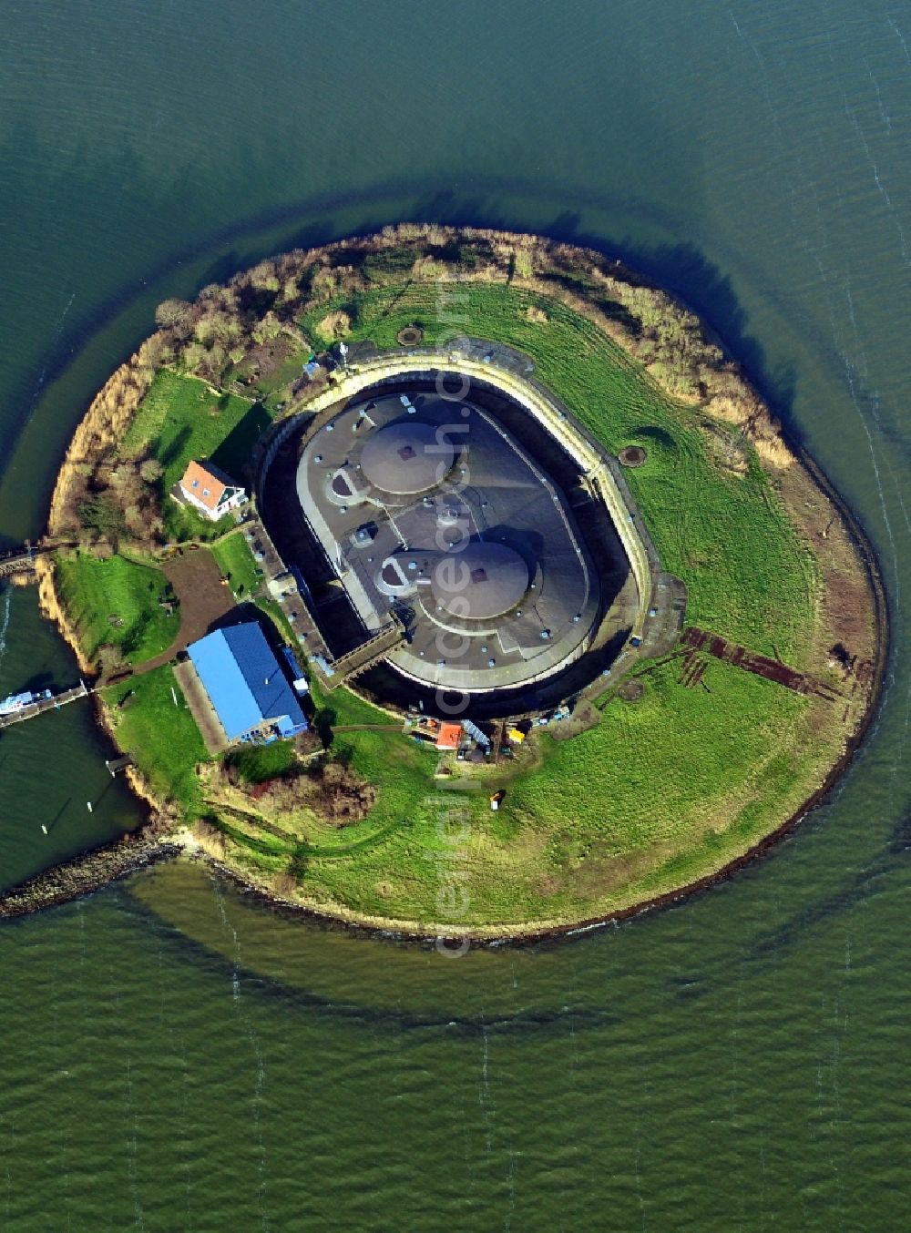 Pampus from above - View at the artificial island Pampus in the IJmeer in the province of North Holland in the Netherlands. The Fort Pampus is located on the island