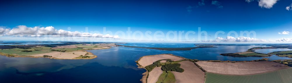 Aerial image Vieregge - Panoramic perspective shore areas of the lagoon-like Achterwasser of Baltic Sea in Vieregge in the state Mecklenburg - Western Pomerania, Germany