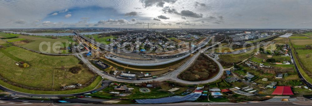 Leverkusen from the bird's eye view: Panoramic perspective construction site for the rehabilitation and repair of the motorway bridge construction Leverkusener Rheinbruecke in Leverkusen in the state North Rhine-Westphalia, Germany