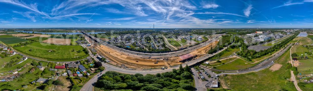 Leverkusen from the bird's eye view: Panoramic perspective construction site for the rehabilitation and repair of the motorway bridge construction Leverkusener Rheinbruecke in Leverkusen in the state North Rhine-Westphalia, Germany