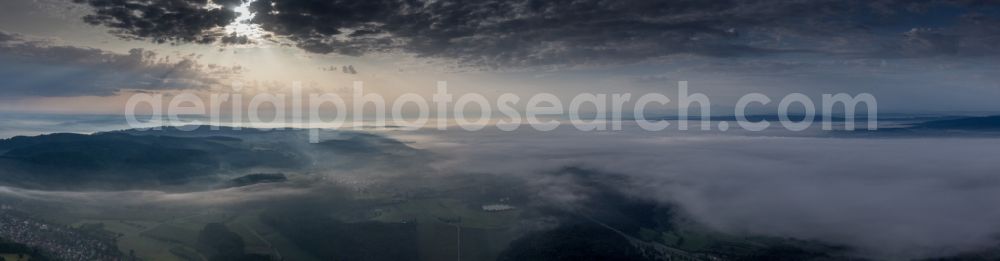 Radolfzell am Bodensee from above - Panorama perspective of ground-fog formation at sunrise on lake of Constance in the district Stahringen in Radolfzell am Bodensee in the state Baden-Wurttemberg, Germany