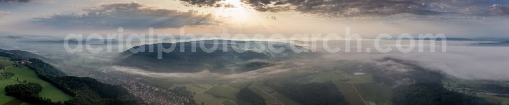 Radolfzell am Bodensee from the bird's eye view: Panorama perspective of ground-fog formation at sunrise on lake of Constance in the district Stahringen in Radolfzell am Bodensee in the state Baden-Wurttemberg, Germany