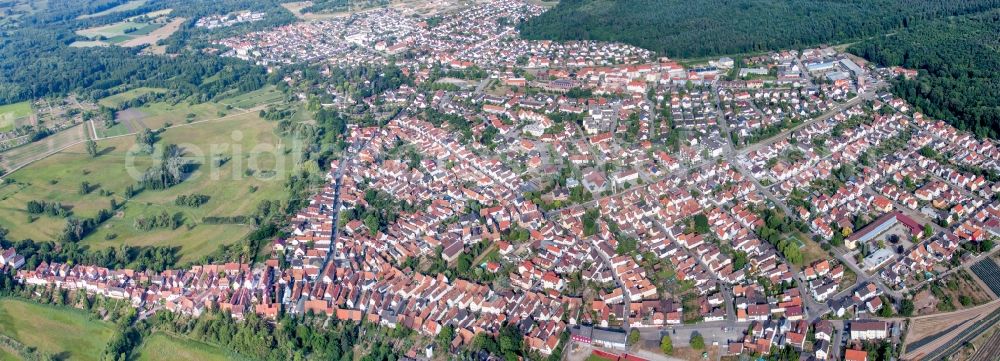 Jockgrim from above - Panoramic perspective of Village - view on the edge of agricultural fields and farmland in Jockgrim in the state Rhineland-Palatinate, Germany