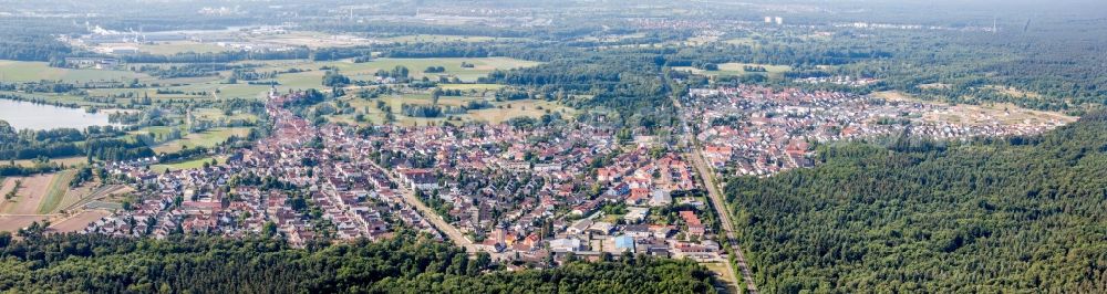 Jockgrim from the bird's eye view: Panoramic perspective of Village - view on the edge of agricultural fields and farmland in Jockgrim in the state Rhineland-Palatinate, Germany