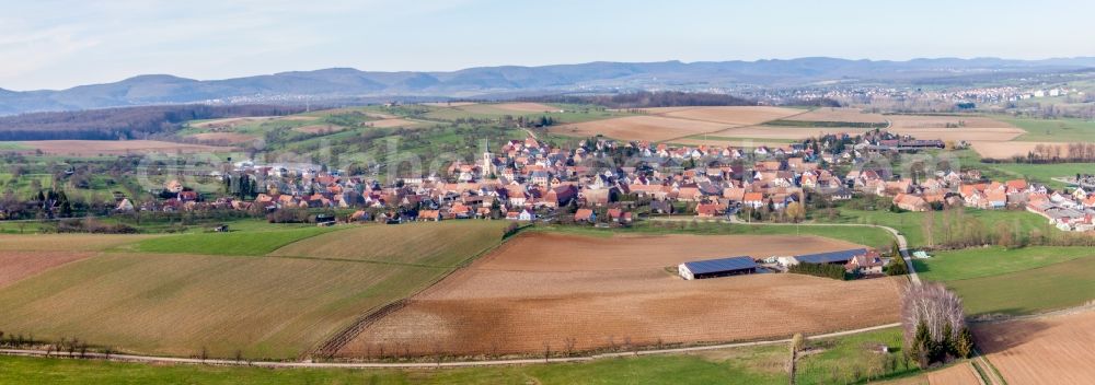 Aerial photograph Mietesheim - Panoramic perspective Village - view on the edge of agricultural fields and farmland in Mietesheim in Grand Est, France