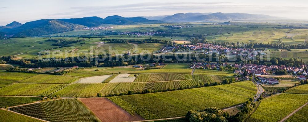 Heuchelheim-Klingen from above - Panoramic perspective Village - view on the edge of agricultural fields and farmland in the district Klingen in Heuchelheim-Klingen in the state Rhineland-Palatinate, Germany