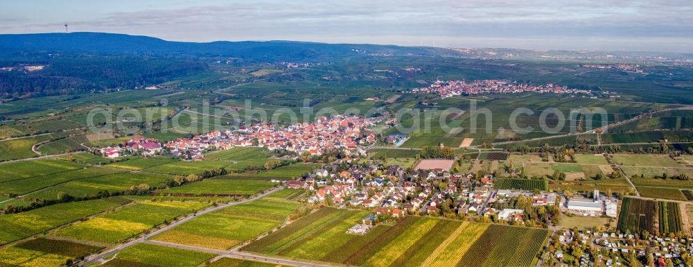 Aerial image Kallstadt - Panoramic perspective Village - view on the edge of wne yards and fields and farmland in Kallstadt in the state Rhineland-Palatinate, Germany