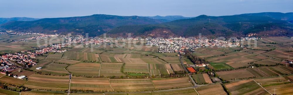 Neustadt an der Weinstraße from above - Panoramic perspective of Village - view on the edge of wine yards in the district Gimmeldingen in Neustadt an der Weinstrasse in the state Rhineland-Palatinate, Germany