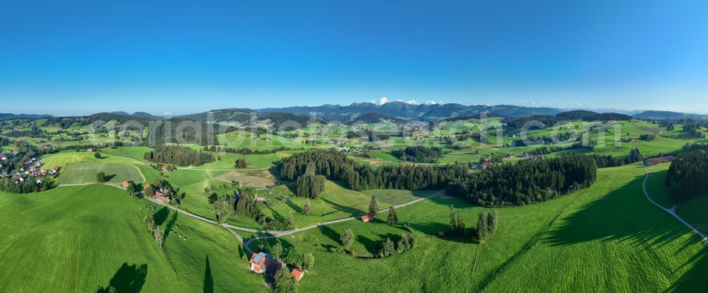 Aerial photograph Sulzberg - Panoramic perspective forest areas in with meadow landscape on street Dorf in Sulzberg in Vorarlberg, Austria