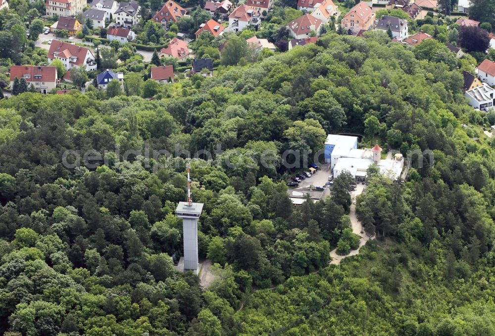 Jena from above - The eponymous restaurant on the hill Landgraf is a popular tourist restaurant and hiking destination in Jena in Thuringia. Not far from the restaurant is the former television tower