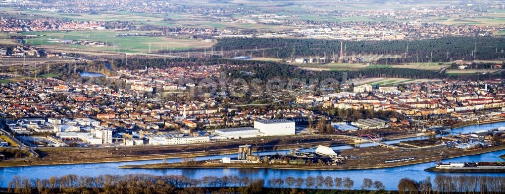 Mannheim from above - Panoramic perspective Quays and boat moorings at the port of the inland port of the Rhine river in the district Rheinau in Mannheim in the state Baden-Wuerttemberg, Germany