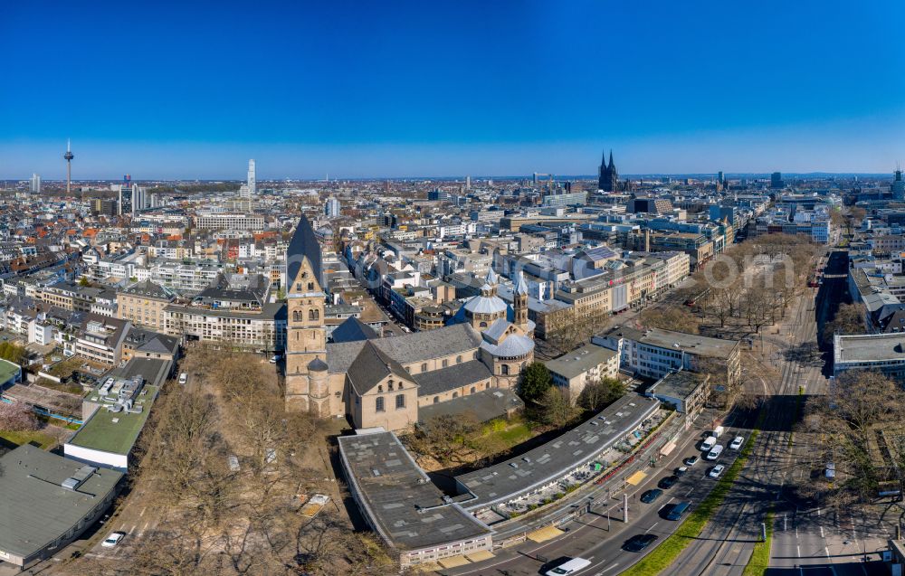 Köln from above - Panoramic perspective church building St. Aposteln on Neumarkt in Cologne in the state North Rhine-Westphalia, Germany