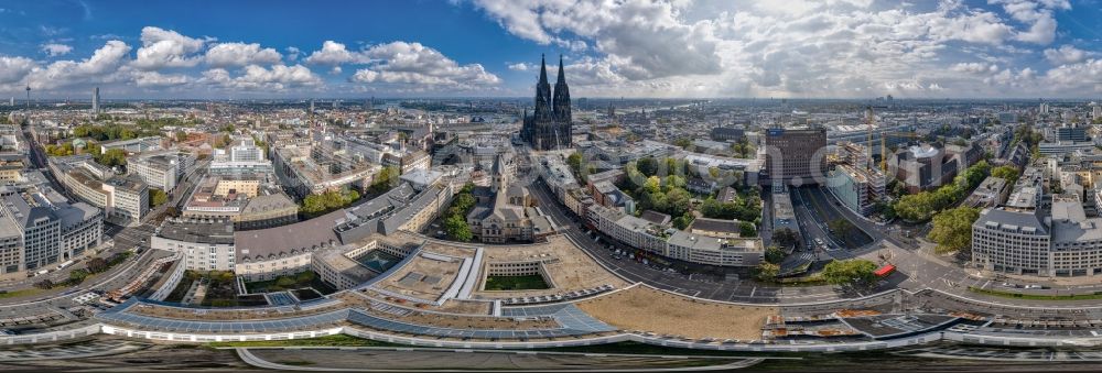Aerial photograph Köln - Panoramic perspective church building Koelner Dom in the old town center in the district Innenstadt in Cologne in the state North Rhine-Westphalia - NRW, Germany