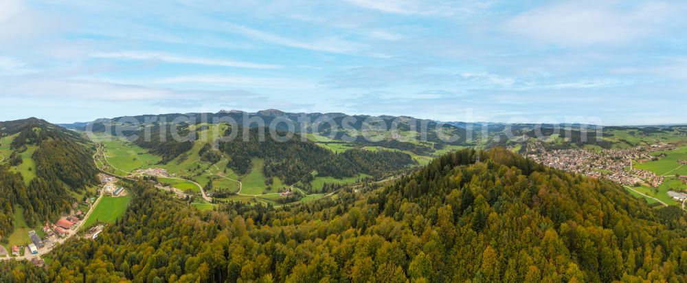 Oberstaufen from the bird's eye view: Panoramic perspective of the Konstanz valley with mountains, forests and meadows near Oberstaufen in the state of Bavaria, Germany