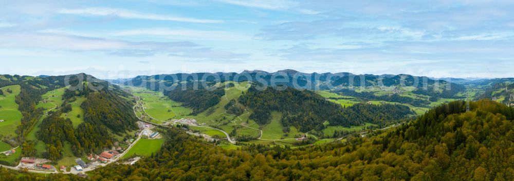 Aerial photograph Oberstaufen - Panoramic perspective of the Konstanz valley with mountains, forests and meadows near Oberstaufen in the state of Bavaria, Germany