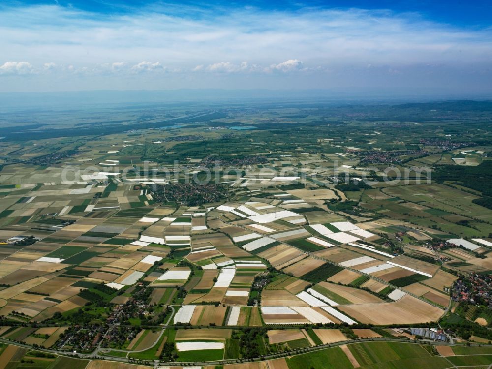 Aerial photograph Freiburg im Breisgau - Panoramic view and landscape of the North of Freiburg in the state of Baden-Wuerttemberg. The North of Freiburg is characterised by agricultural spaces and fields of the Breisgau region