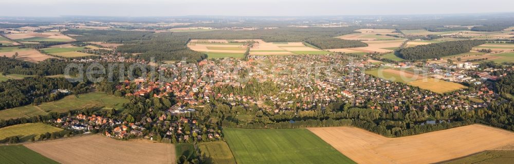 Aerial photograph Ebstorf - Panoramic perspective Town View of the streets and houses of the residential areas in Ebstorf in the state Lower Saxony, Germany