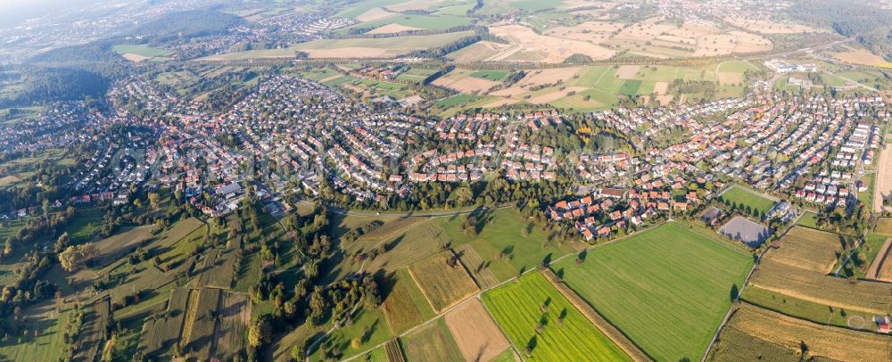 Aerial image Karlsruhe - Panoramic perspective Town View of the streets and houses of the residential areas in the district Gruenwettersbach and Palmbach in Karlsruhe in the state Baden-Wuerttemberg, Germany