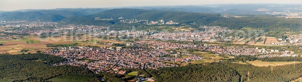 Aerial image Sandhausen - Panoramic perspective Town View of the streets and houses of the residential areas in Sandhausen in the state Baden-Wurttemberg, Germany