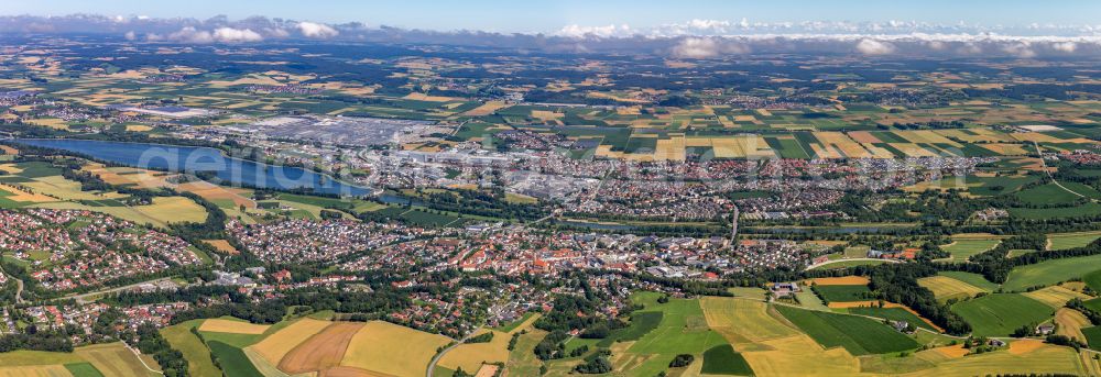 Aerial image Dingolfing - Panoramic perspective town on the banks of the river of the river Isar in Dingolfing in the state Bavaria, Germany