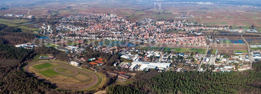 Herxheim bei Landau (Pfalz) from above - Panoramic perspective Sports facility grounds of the Arena stadium Waldstadion in Herxheim bei Landau (Pfalz) in the state Rhineland-Palatinate, Germany