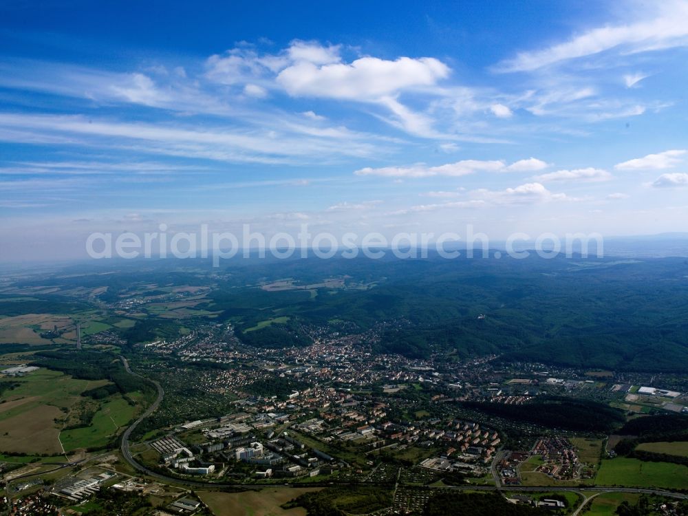 Aerial image Eisenach - Panoramic view of Eisenach in the state of Thuringia. The Luther town is located in the West of the state. View from the North towards the South