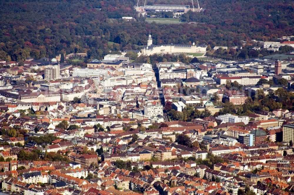 Karlsruhe from the bird's eye view: Panoramic city view of downtown area in Karlsruhe with Stadium, Castle, Herrenstrasse in the state Baden-Wuerttemberg