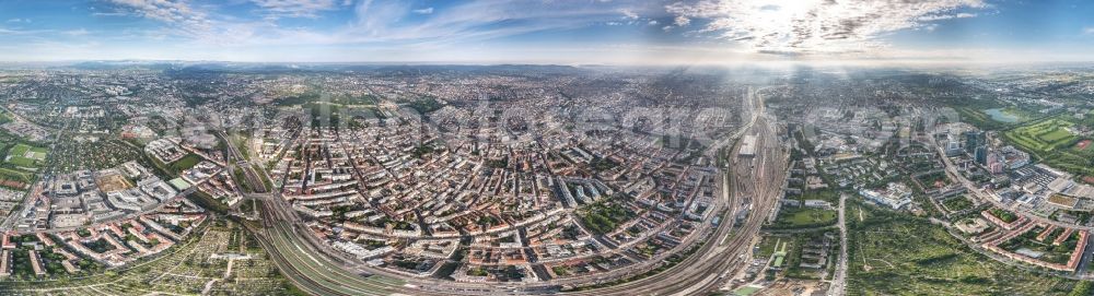 Wien from above - Panorama- Cityscape of downtown area in the district Meidling the area Fuenfhaus, Matzleinsdorf at the train station and the Wienerberg City in Vienna in Austria