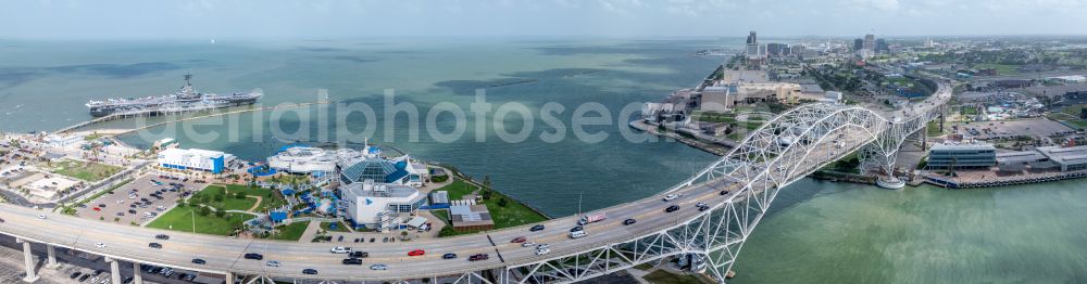 Aerial image Corpus Christi - Panoramic perspective city view on sea coastline Central City on street Harbor Bridge in Corpus Christi in Texas, United States of America