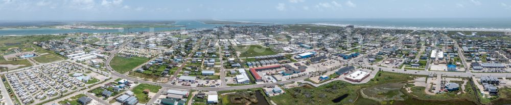 Aerial image Port Aransas - Panoramic perspective city view on sea coastline Gulf of Mexico on street West Avenue G in Port Aransas in Texas, United States of America