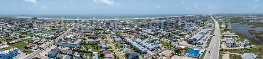 Aerial photograph Port Aransas - Panoramic perspective city view on sea coastline Gulf of Mexico on street West Avenue G in Port Aransas in Texas, United States of America