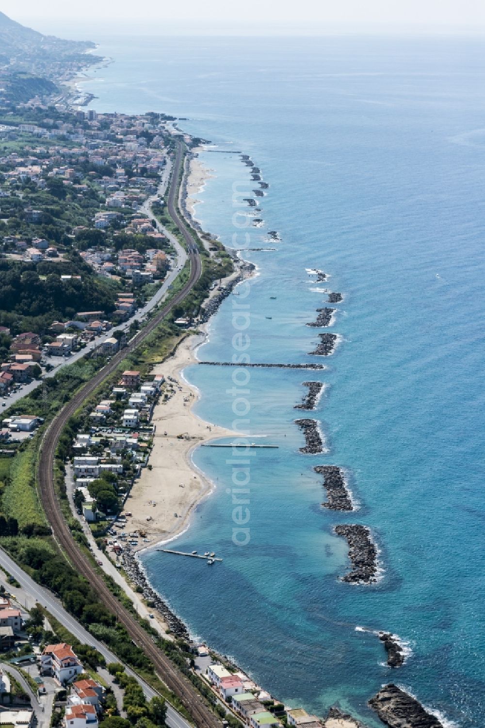 Aerial photograph Belvedere Marittimo - Panorama Cityscape on the seacoast an der Kueste in Belvedere Marittimo in Calabria, Italy