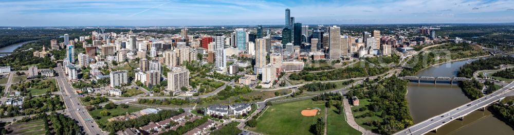 Aerial image Edmonton - Panoramic perspective city view on the river bank North Saskatchewan River on street 91 Avenue Northwest in Edmonton in Alberta, Canada