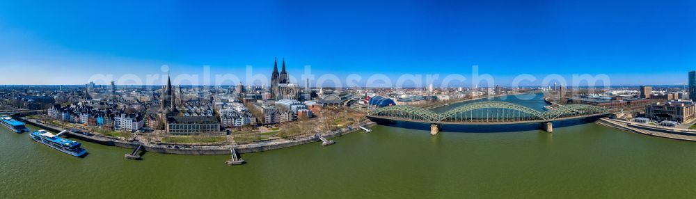 Köln from above - Panoramic perspective city view on the river bank of the Rhine river in the district Altstadt in Cologne in the state North Rhine-Westphalia, Germany