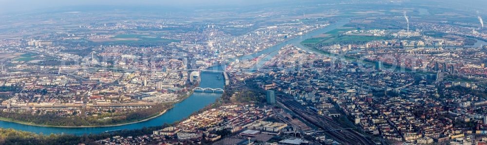 Mannheim from above - Panoramic perspective City view on the river bank of Rhine between Ludwigshafen and Mannheim in the state Baden-Wuerttemberg, Germany