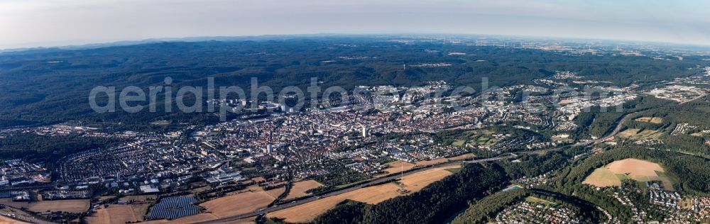 Kaiserslautern from the bird's eye view: Panoramic perspective city area with outside districts and inner city area in Kaiserslautern in the state Rhineland-Palatinate, Germany