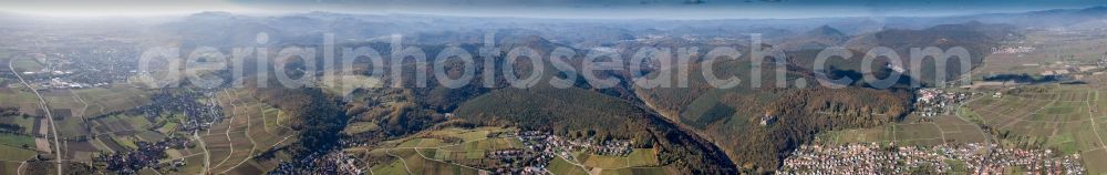 Aerial image Klingenmünster - Panoramic perspective of Forest and mountain scenery of Naturpark Pfaelzerwald in Klingenmuenster in the state Rhineland-Palatinate, Germany