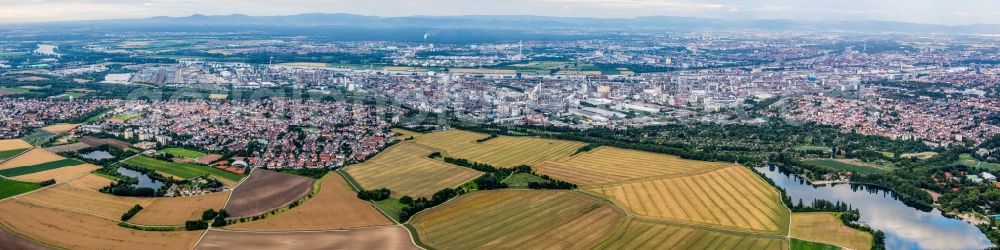 Aerial photograph Ludwigshafen am Rhein - Panoramic perspective of Building and production halls on the premises of the chemical manufacturers BASF in Ludwigshafen am Rhein in the state Rhineland-Palatinate, Germany