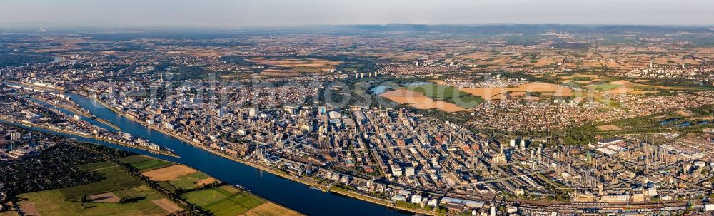 Ludwigshafen am Rhein from above - Panoramic perspective of Building and production halls on the premises of the chemical manufacturers BASF behind the Rhine river in Ludwigshafen am Rhein in the state Rhineland-Palatinate, Germany