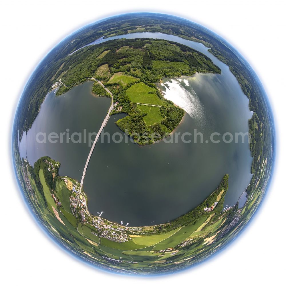 Aerial image Möhnesee - Fish-eye-photograph and panoramic view of the Moehnesee with the bridge of the Arnsberger Strasse (229) and the community Moehnesee in the Sauerland in the state North Rhine-Westphalia