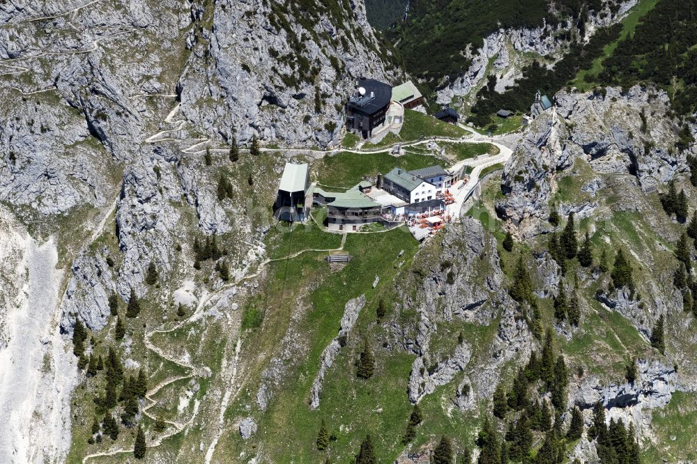 Bayrischzell from the bird's eye view: Peak of Wendelstein massif at Bayrischzell in Bavaria. The radio transmission system with its distinctive antenna is operated by the Bayerischer Rundfunk. Also pictured observatory, weather station and the Wendelstein chapel