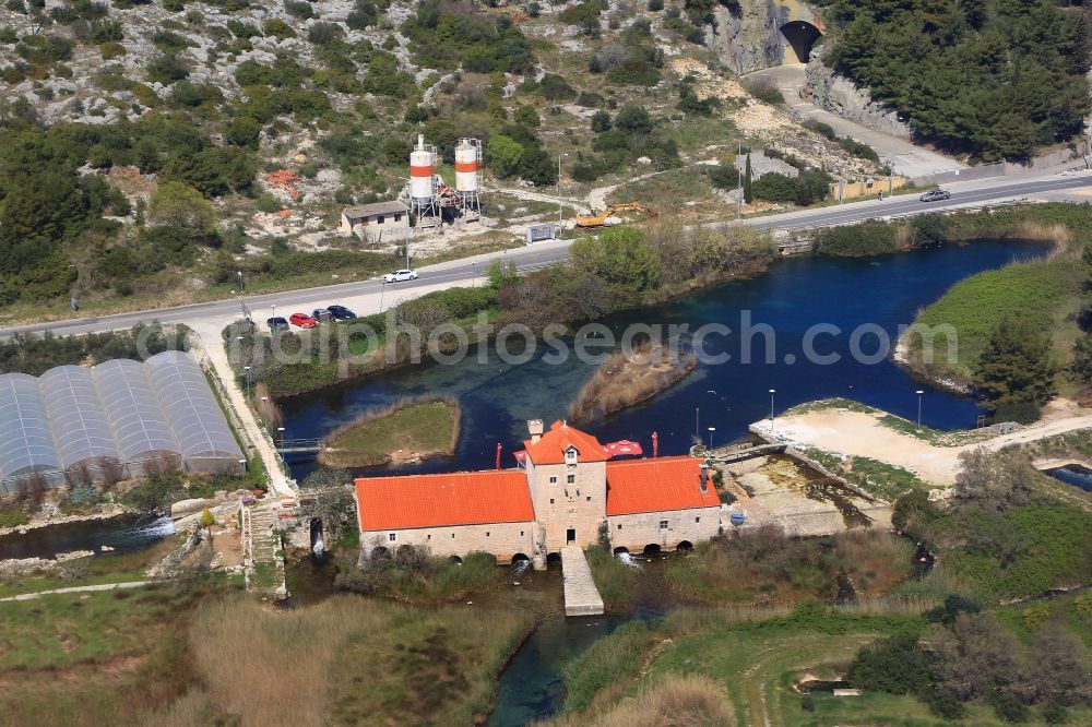 Trogir from above - Pantan river and mill building Mlinica in the nature reserve in Trogir in Splitsko-dalmatinska zupanija, Croatia