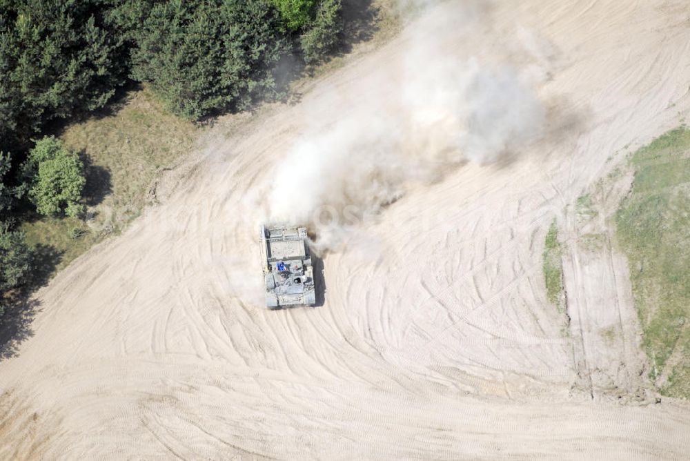 Aerial image Beerfelde - Panzer der Panzerschule fahren auf Streck und wirbeln Staub auf. Kontakt: Andreas Oehme, Max-Reger-Str. 6, 47057 Duisburg, Tel. 02161 623982, E-Mail: panzerschule@gmail.com,