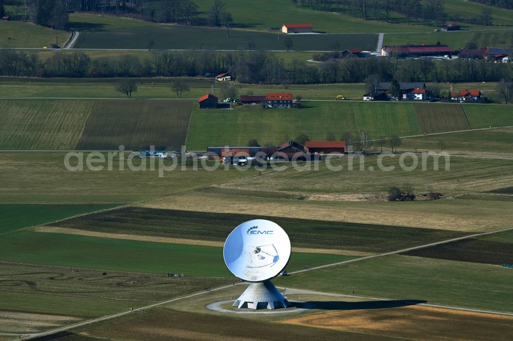 Raisting from above - Parbola antennas in the form of white satellite dishes on the site of the earth station Erdfunkstelle in Raisting at Weilheimer Land in the state Bavaria, Germany