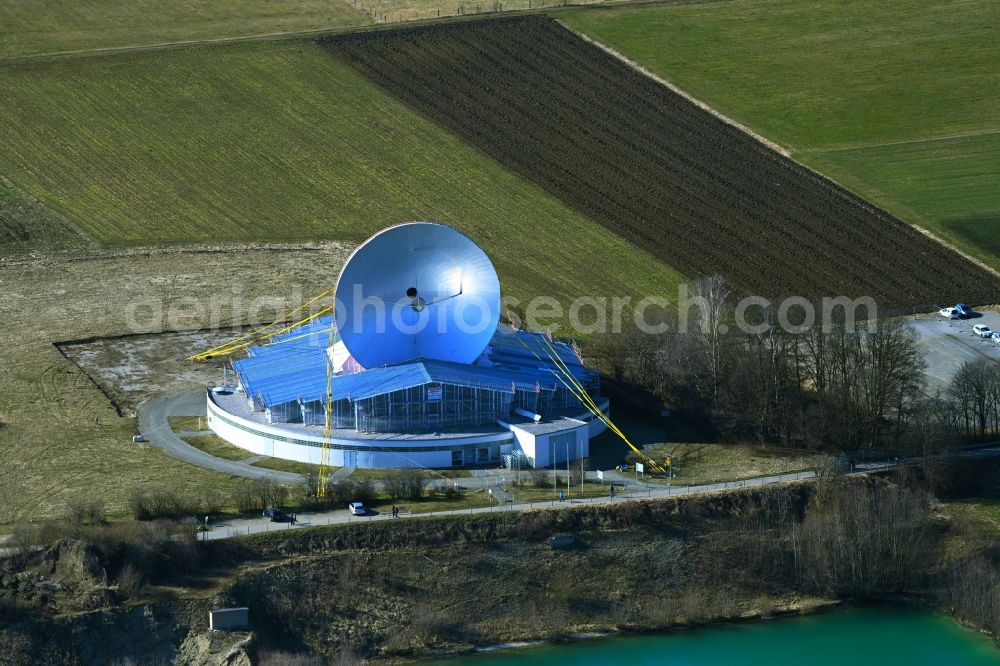 Raisting from above - Parbola antennas in the form of white satellite dishes on the site of the earth station Erdfunkstelle in Raisting at Weilheimer Land in the state Bavaria, Germany