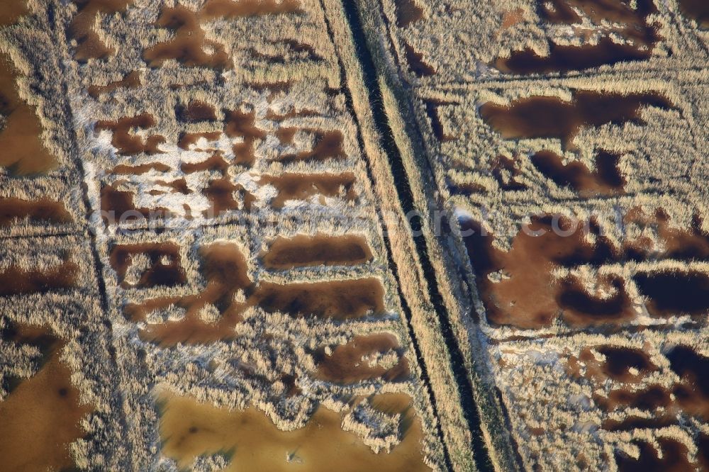 Muro from above - Parc natural de sa Albufera de Mallorca or Parque natural de la Albufera de Mallorca with Ponds and Morast- water surface in a pond landscape in Muro in Balearic Islands, Spain